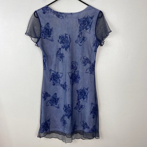 Ultra Flirt Y2K Vintage Empire Waist Mesh Floral Dress Lettuce Hem Navy Medium - Picture 6 of 8